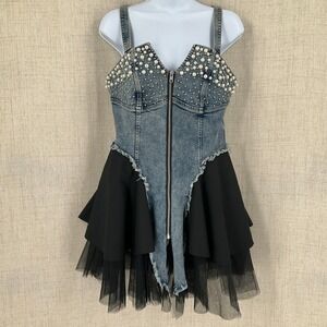 Edgy Festival Pearl Studded Denim Tulle Tiered Mini Dress Blue Black Sz M Punk